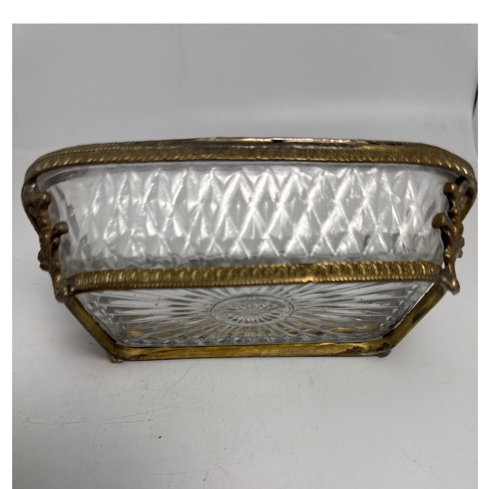 Vintage Crystal Glass Trinket Dish Brass Filigree Frame Gold Rectangular Good 5" - Picture 4 of 11